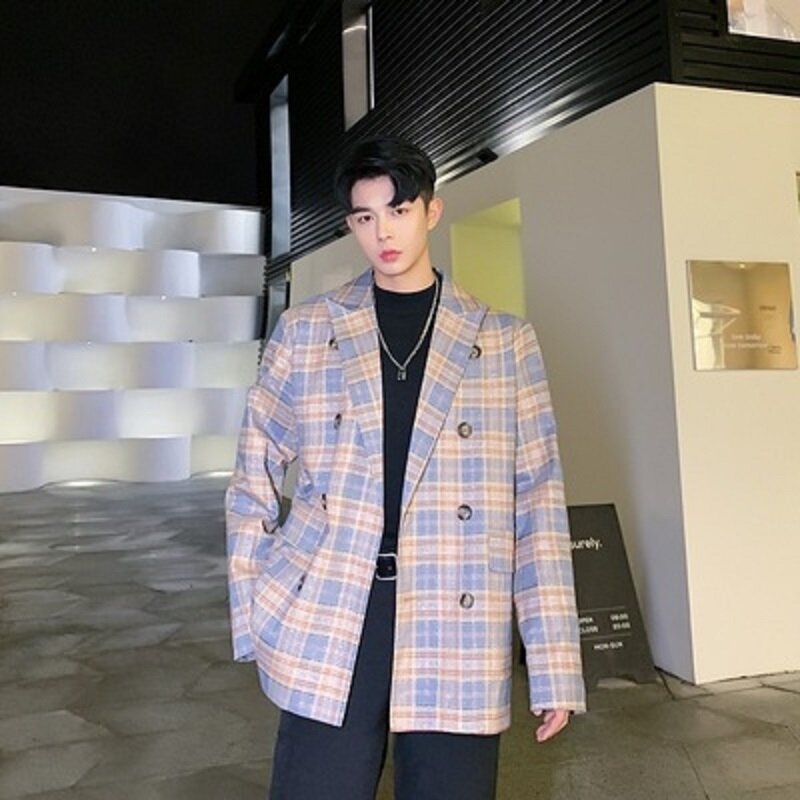 Blazer Vintage a cuadros para hombre, chaqueta holgada informal de doble botonadura con contraste de Color rosa, ropa juvenil de estilo coreano