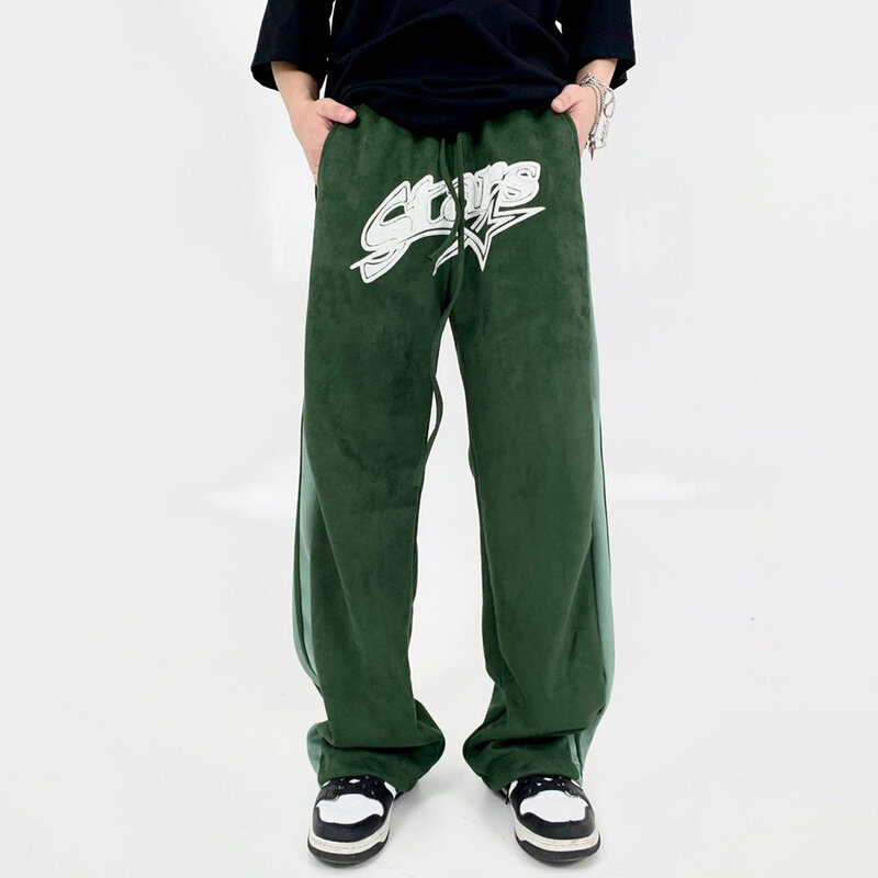 Pantalones rectos de costura de contraste de Color Retro americano para hombre, pantalones casuales drapeados, pantalones deportivos sueltos de marca de moda de High Street