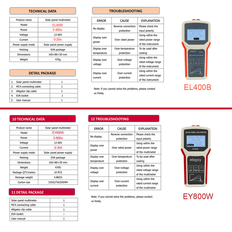 EY800W MPPT Multimeter Upgrades Handheld Portable Photovoltaic Panel Power Supplys Multimeter Auto Manual MPPT Detection