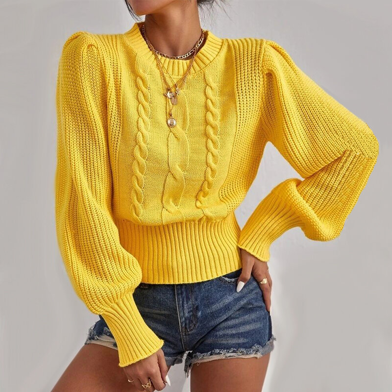 Pull tricoté à manches lanternes pour femme, vêtement doux et chaud, couleur unie, collection automne-hiver 2022