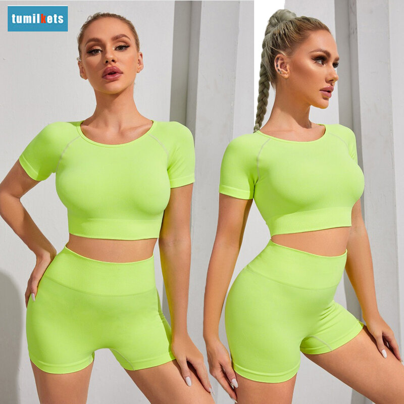 2 Piece Set Women's Sports Suits Women's Clothes Short Sleeves Tops Shorts Sets Gym Workout Yoga Clothing Sets Seamless Leggings