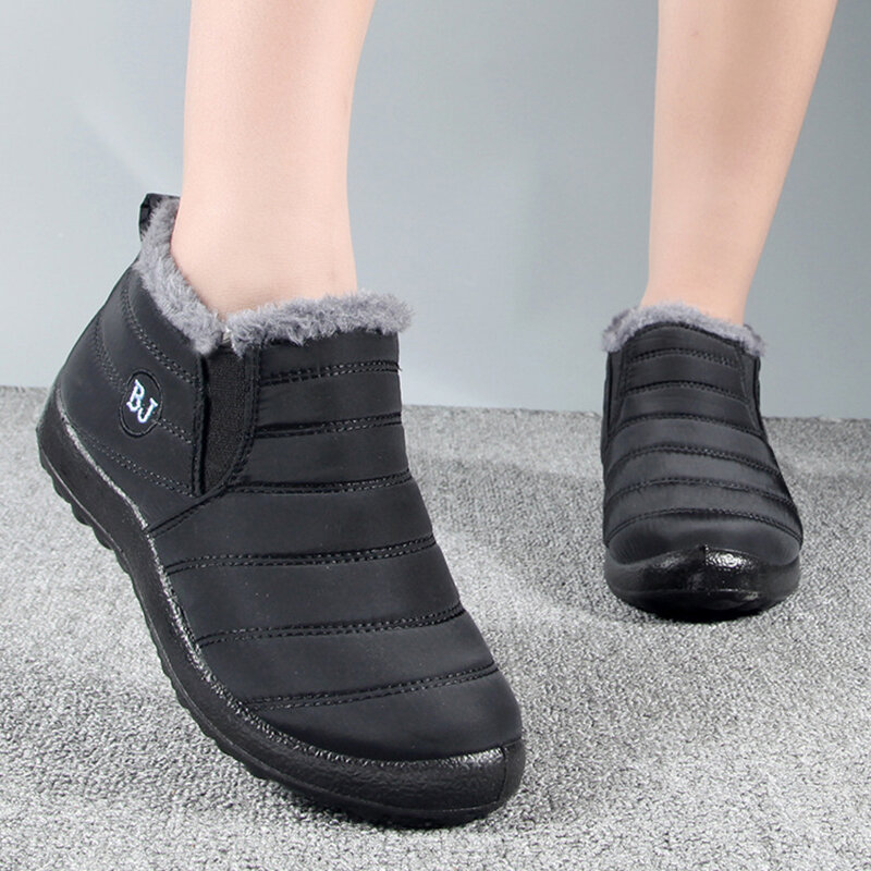 Botas de nieve de piel para Mujer, zapatos de plataforma sin cordones para caminar, botines planos impermeables para invierno
