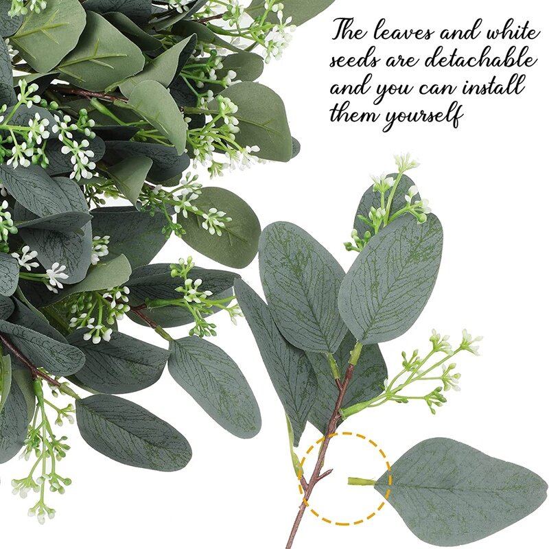 60 pçs folhas de eucalipto hastes folhas de eucalipto dólar de prata artificial com sementes brancas para buquês de casamento decoração