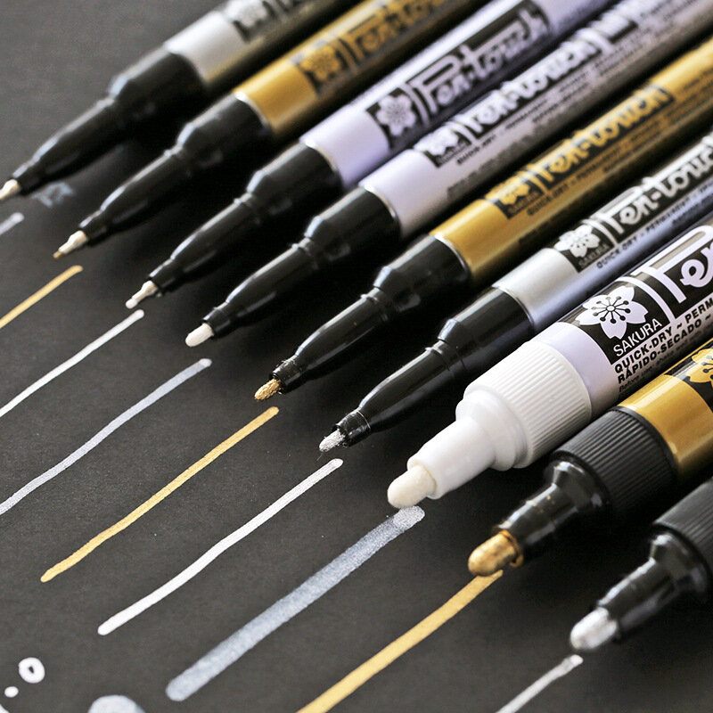 Permanent Metallic Marker Pens Gold Silver White 0.7/1.0/2.0mm Student Sketch Graffiti Art Hook Liner Pen Japanese Stationery