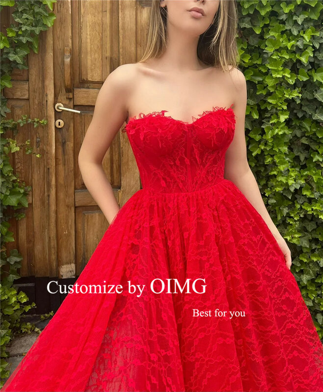 Oimg lindo vermelho vestidos de noiva de renda completa 2022 a linha querida correias fenda vestidos de noiva de noite vestido formal
