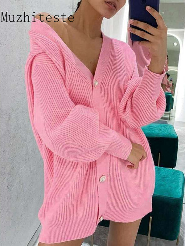 한국 패션 탑스 스웨터 코트 니트 핑크 카디건 탑 여성용, 신제품, 느슨한, 화이트 카디건, 가을 겨울
