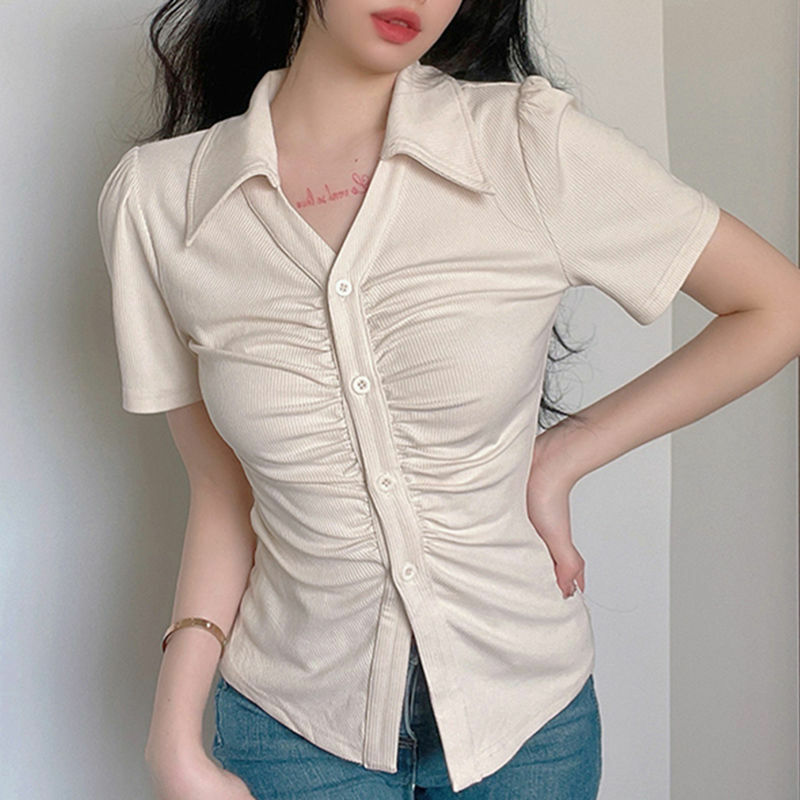 Deeptown Vintage Tunics Women Blouses White Harajuku Sexy Korean Style Short Sleeve Shirt Y2k Aesthetic Casual Cropped Top Retro