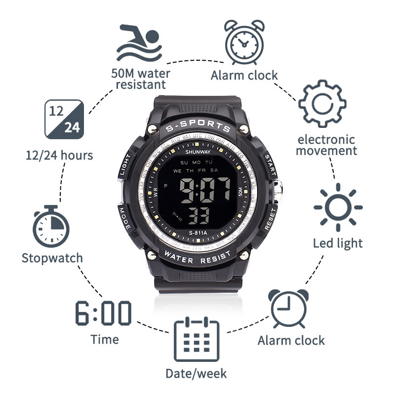 Men Analog Digital Watch Sports Electronic 50M water resistant Multi Functional Date/week Display Outdoor Waterproof Men's Watch