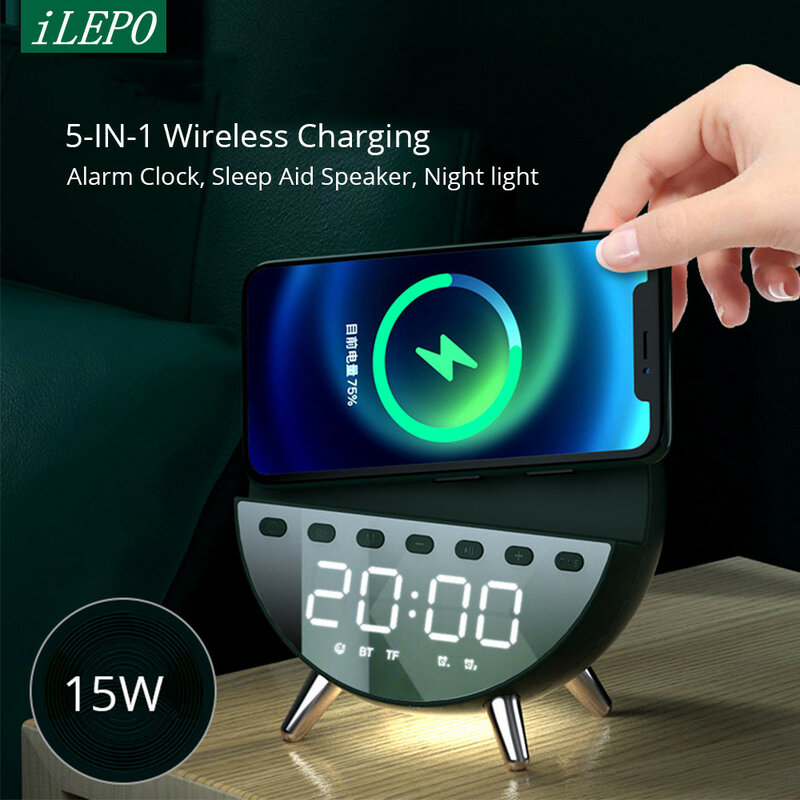 ILEPO-reloj despertador con luz nocturna, cargador inalámbrico 5 en 1, Cargador Universal para teléfono móvil, Altavoz Bluetooth, carga inalámbrica