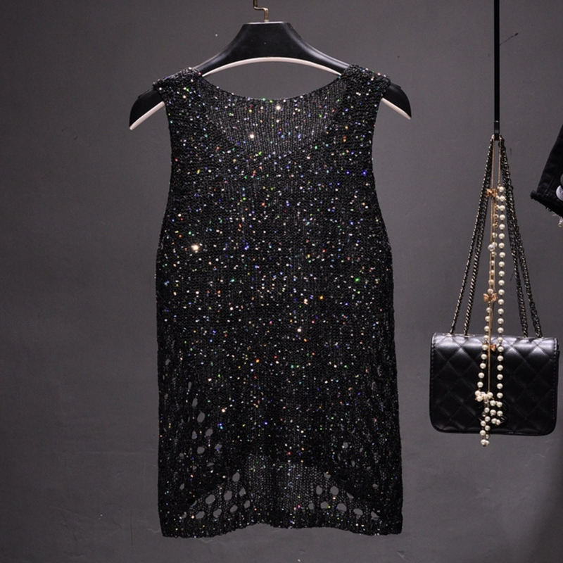 2022 Summer New BI Female NGBING Sparkling Sequins Beaded Round Neck Sleeveless Vest Hollow Perspective Knitted T-shirt Top