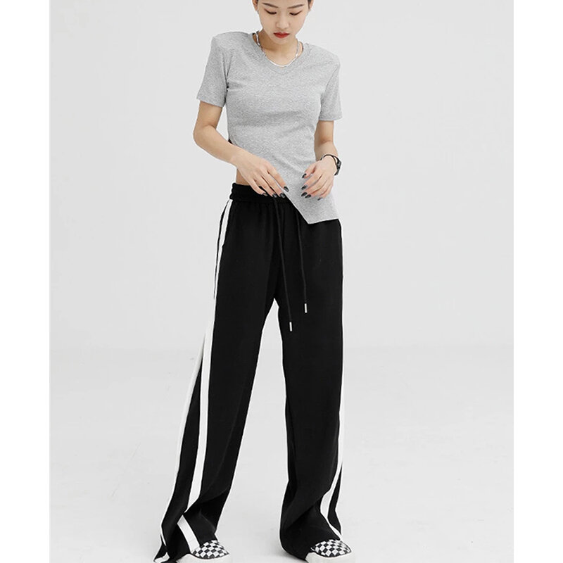 2022 Summer Autumn Women Wide Leg Pants Thin Fabric Basic High Waist Pockets Folds Lace Up Korean Casual All-Match Long Trousers