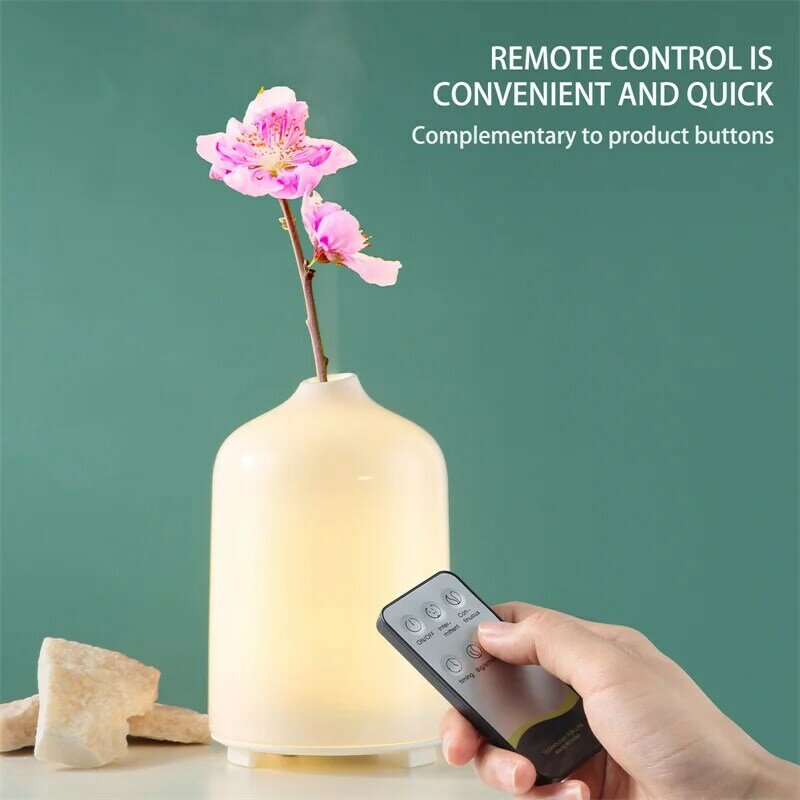 Ceramic Air Humidifier Aromatherapy Machine Rose Essential Oil Diffuser Remote Control 7 LED Lights for Office Bedroom 400ml