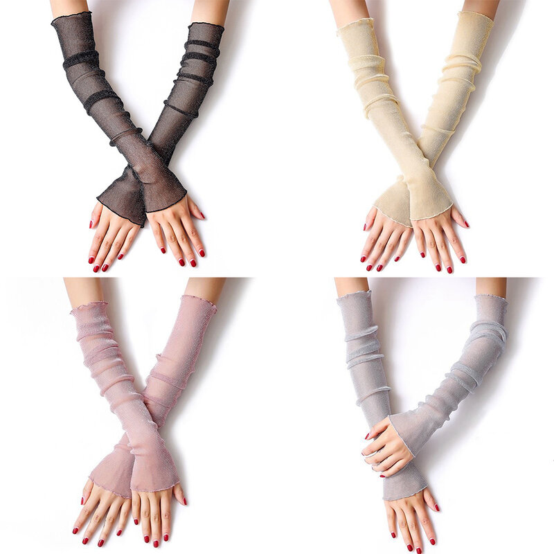Women Girls Ultra-Thin Sheer Glitter Mesh Long Lace Gloves Shimmer UV Protection Arm Sleeves Ruffles Trim Driving Prote