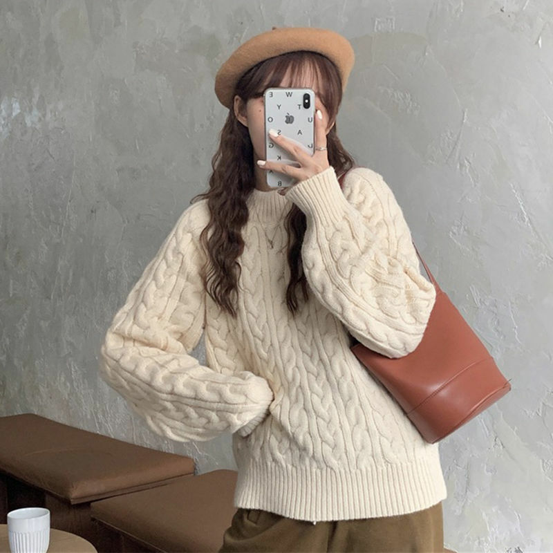 Retro Solid Color Twist Striped Sweater Women's Korean Version Loose Round Neck Pullover Knitted Jacket Autumn and Winter