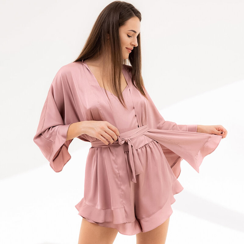 Hiloc increspato abiti donna Sexy pigiama Set con pantaloncini Set donna 3 pezzi abbigliamento donna primavera 2022 accappatoi raso Sleepwear