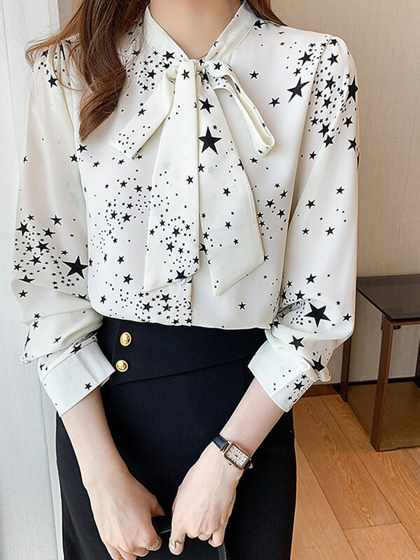 Camisa francesa de manga larga con lazo para Mujer, camisa elegante de gasa blanca con estampado de estrellas y lazo en el cuello, ropa para Mujer