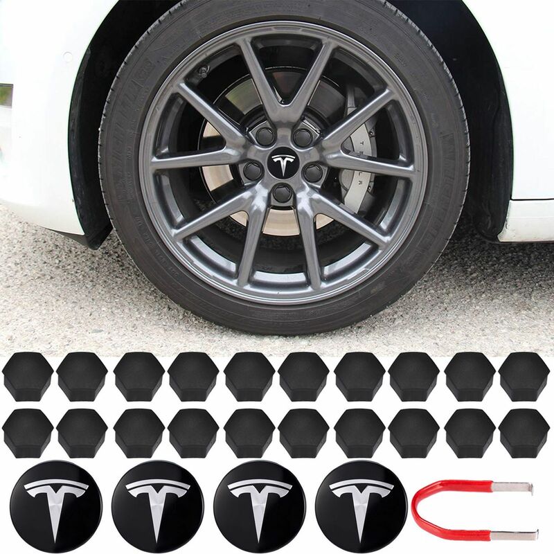 For Tesla Model 3 Y 24 PCS Car Wheel Center Hub Caps Kit  with 4 Center Cap Set 20 Wheel Lug Nut Cover Kit Tesla Decorations