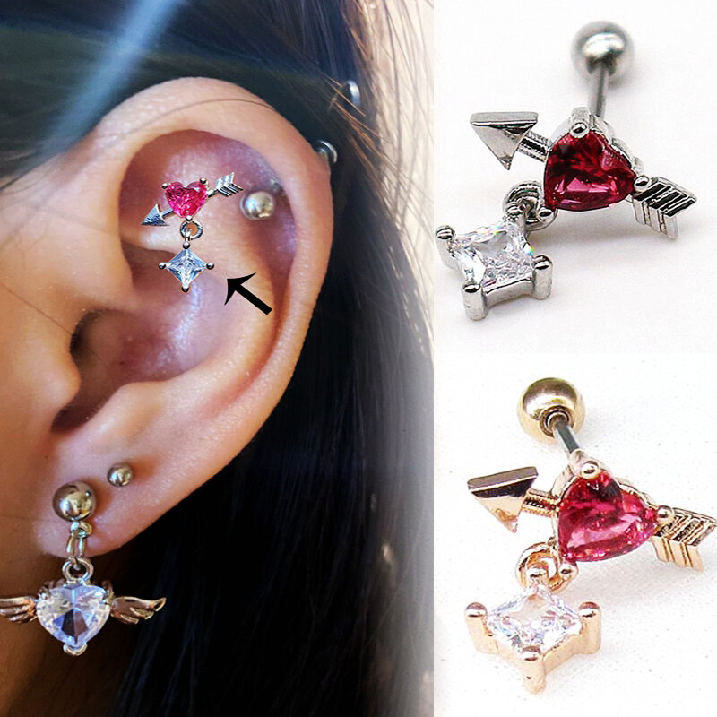 Boucles d'oreilles en forme d'aile de lune et de cœur, bijoux en Zircon et acier inoxydable, clous Helix, 20g