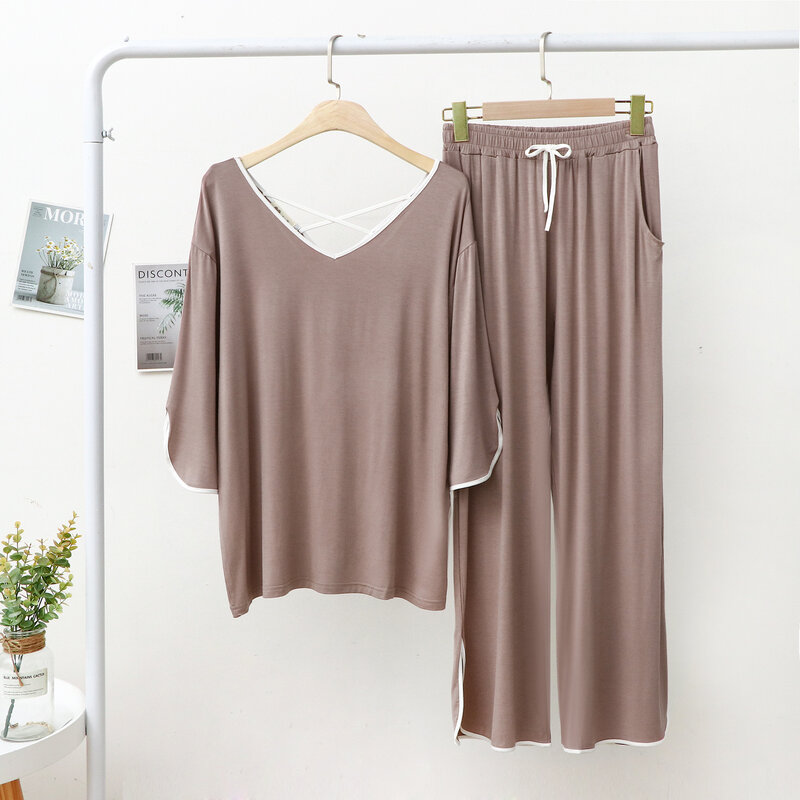 Modal Gaun Malam Wanita Baju Tidur Leher V Celana Panjang Lengan Menengah Mode Kecantikan Kembali Silang Baju Lembut Nyaman Kasual