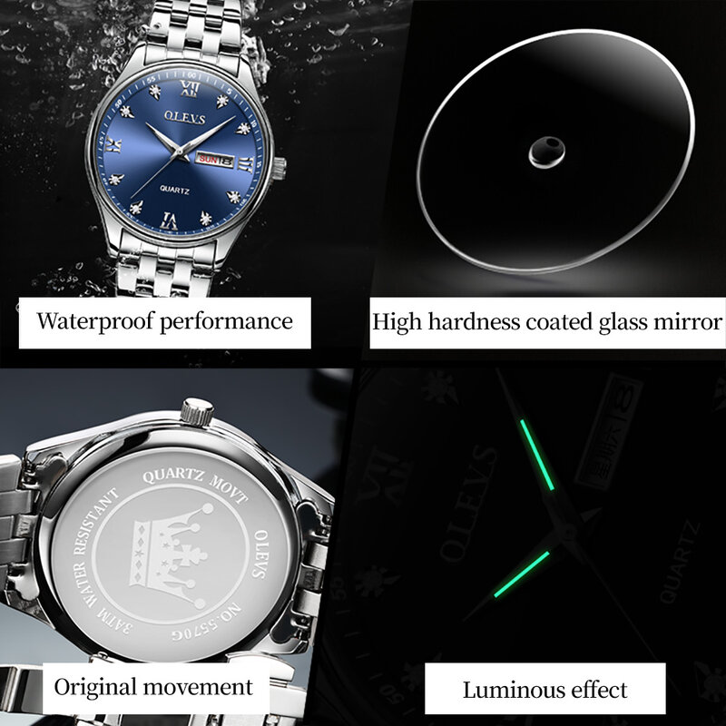 OLEVS Stainless Steel Strap Great Quality Watches for Men Waterproof Quartz Fashion Men Wristwatches Calendar Week Display