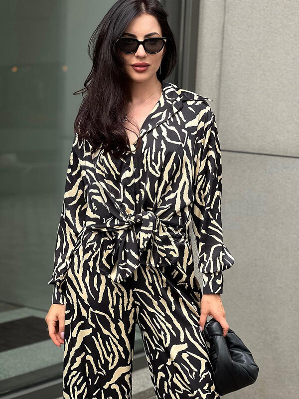 Hiloc Leoparden muster Frauen Pyjama mit Gürtel voller Ärmel lose neu in Damen Nachtwäsche Einreiher Revers Home Anzug Mode