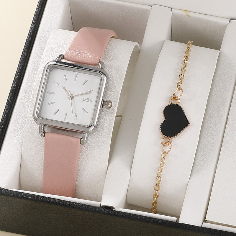 Reloj de pulsera de cuarzo de cuero Simple para mujer, elegante reloj cuadrado para mujer, conjunto de regalo de pulsera de corazón para mujer