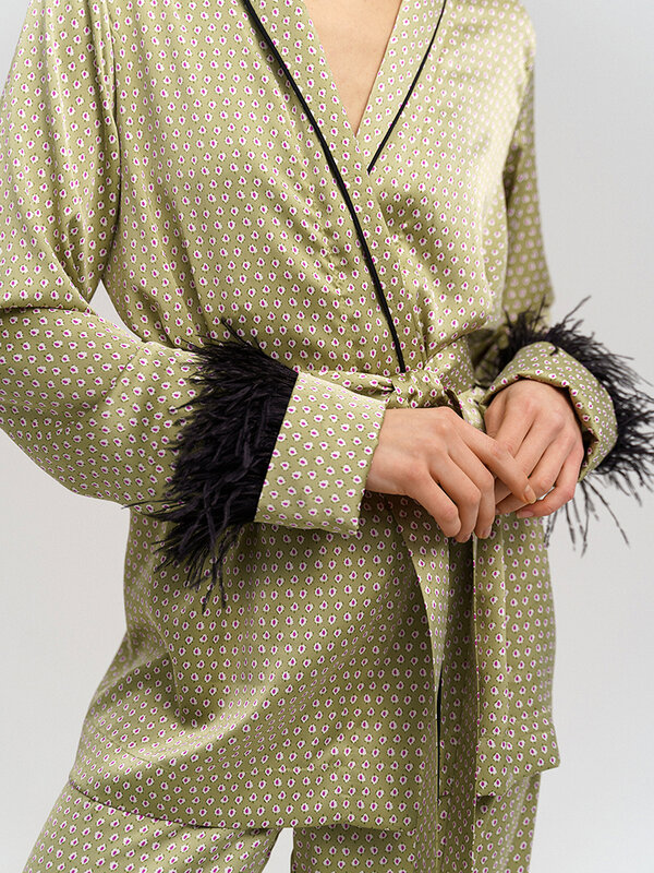Hiloc impressão manga longa penas robes para as mulheres define 2023 robe mulher camisola primavera sleepwear feminino conjunto de calças moda ternos