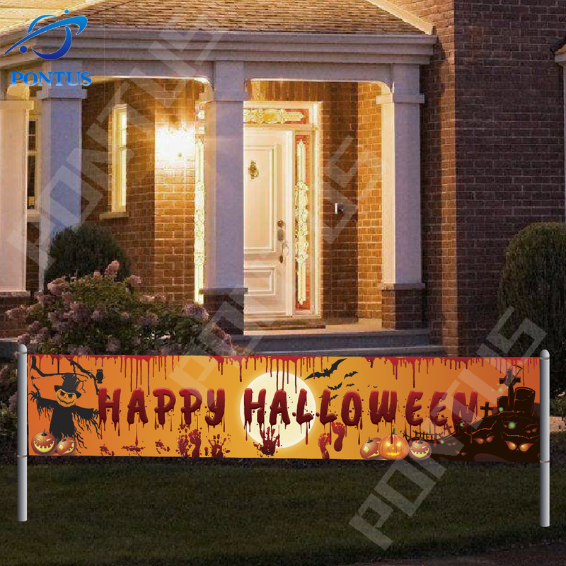 Large Happy Halloween Banner Print Party Backdrop Hanging Banners PumpkinTerror Bloody Hand Footprint Banner Halloween Decor