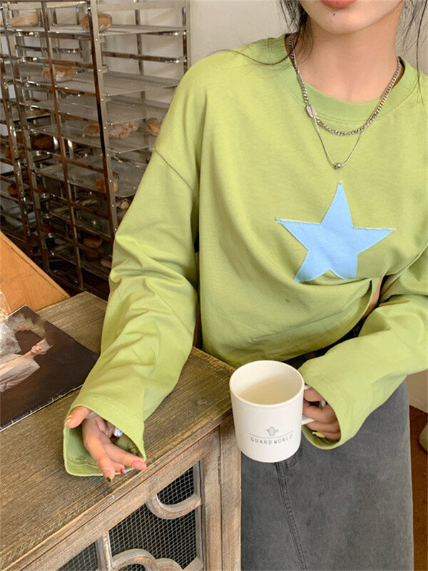 hirigin Korean Kawaii Star T-shirts Autumn Full Sleeve Casual Loose Pullovers Tees Retro Y2K Grunge Crop Tops Vintage Clothes