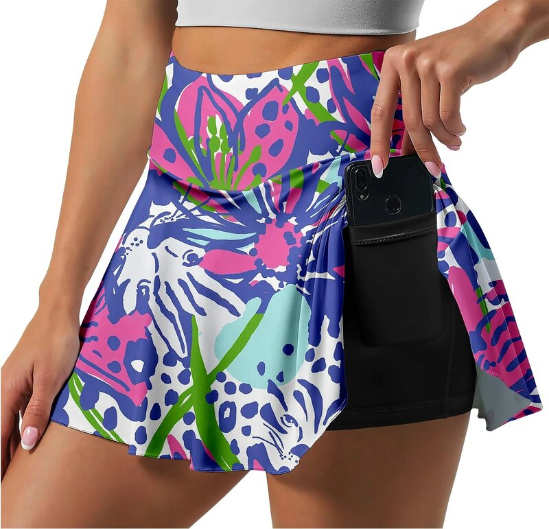 Women's High Waist Stretchy Yoga Skirt with 2 Pockets Tennis Pleated Skirts Anti-glare Golf Skirt