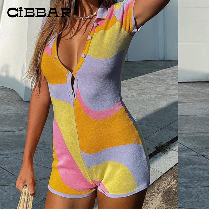 CIBBAR Casual Colorful Printing Skinny Romper Women 2022 Summer Y2k Harajuku Short Sleeve Button Up Patchwork Shorts Playsuits