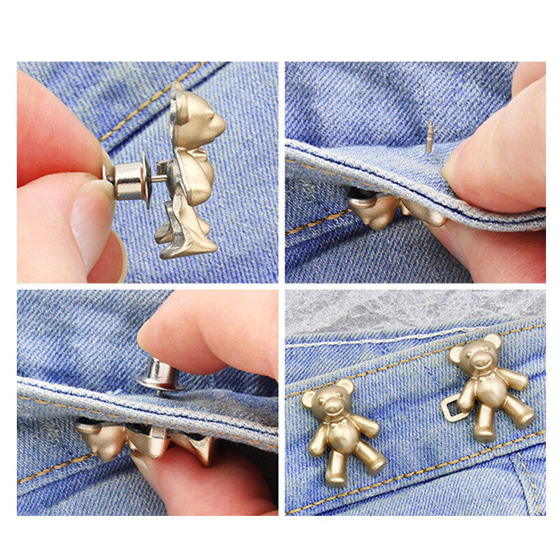 1pair Bear Detachable Metal Buttons Snap Fastener Pants Pin Retractable Sewing-Free Buckles Jeans Perfect Fit Reduce Waist