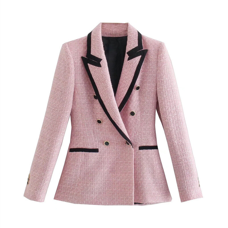 Women Elegant Pink Texture Double Breasted Tweed Blazer Long Sleeve Pockets Coats Female Fashion Streetwear Tops