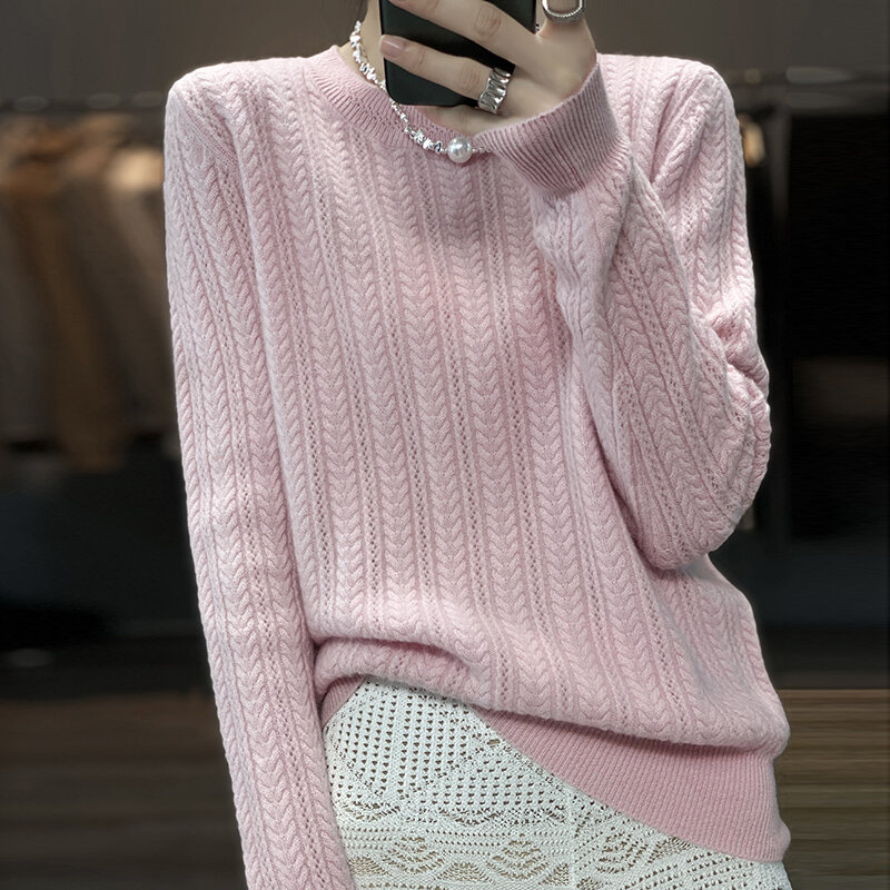 2022 Autumn And Winter New Hollow 100% Wool Sweater Women's Round Neck Loose Twist Short Sweater Bottoming Shirt