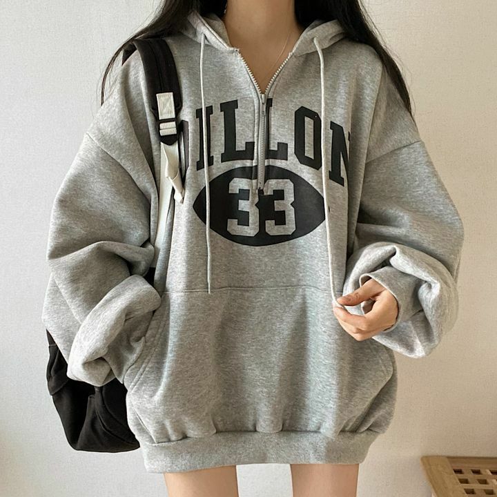 Grey lettered print Hooded Sweatshirt women's oversized Zip Hoodie fall summer 2022 casual loose pocket 100% cotton hooded top