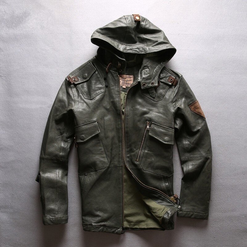 ผู้ชาย Lambskin Coat Camouflage Hood ฤดูหนาวแจ็คเก็ตหนังแท้จากกองทัพสีเขียวรถจักรยานยนต์ Casual Outwear