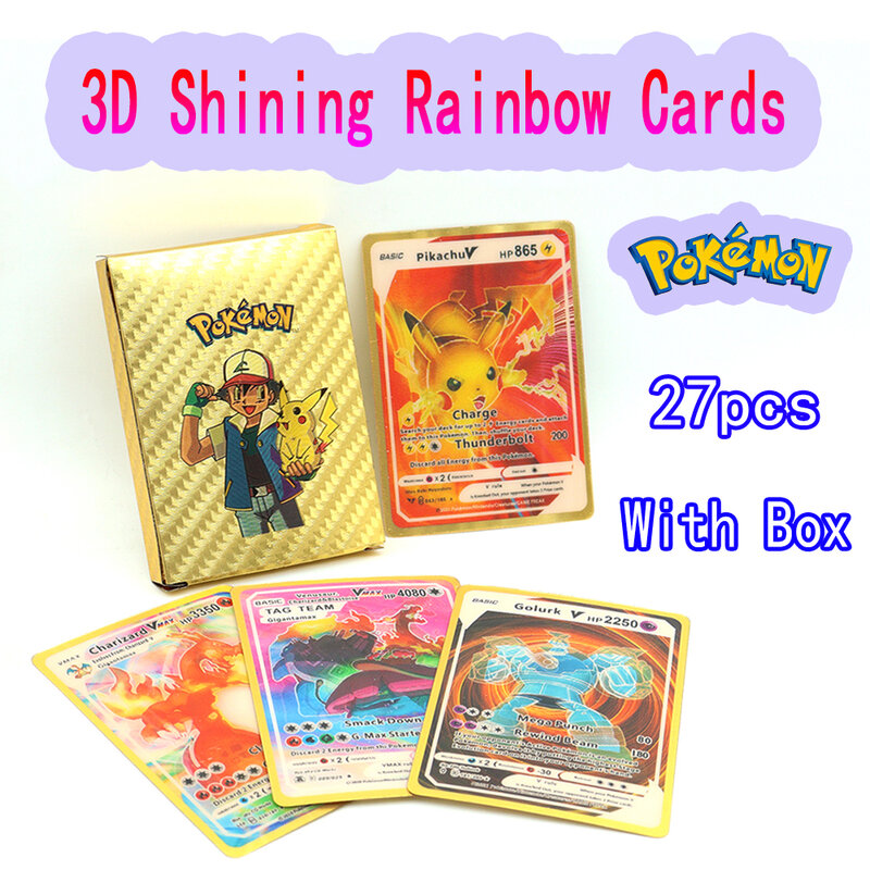 Cartões pokemon 27 pçs 3d holográfico brilhando arco-íris inglês espanha ouro prata preto pikachu charizard vmax coleção cartão presentes