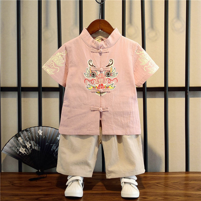 Chinês algodão linho tang terno para o menino 3 cores dragão bordado manga curta topo longo conjunto de calças do bebê roupas de ano novo chinês
