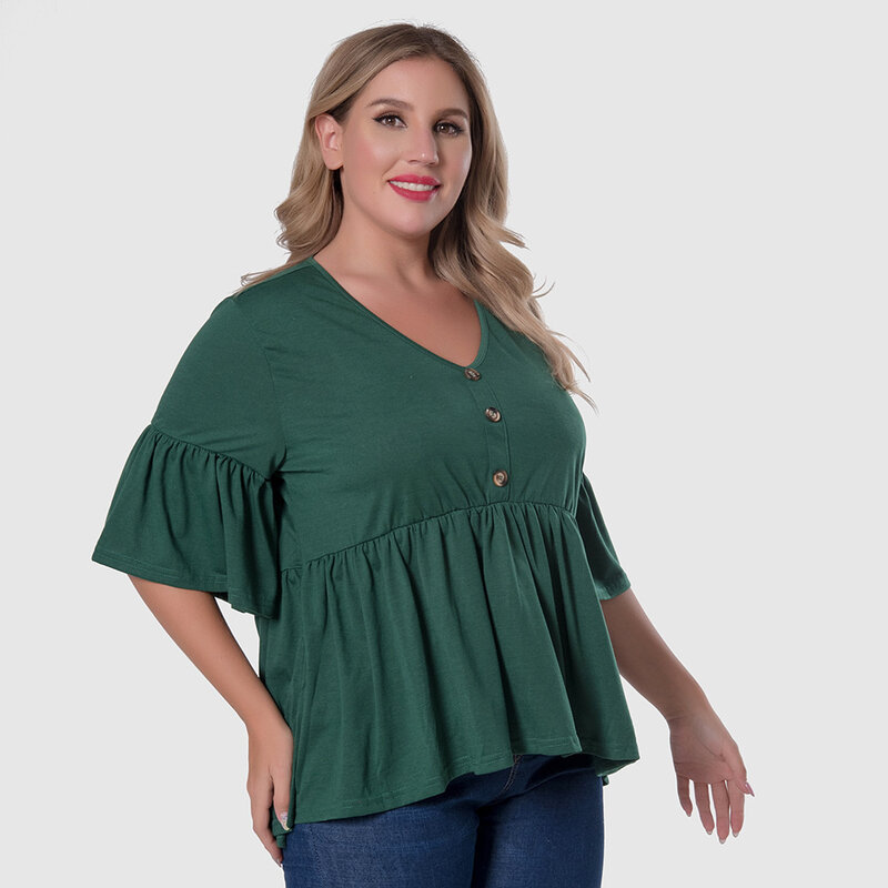 Plus Size Grote Vrouwen V-hals Temperament Commuter Top Ruffle Button Solid Shirt