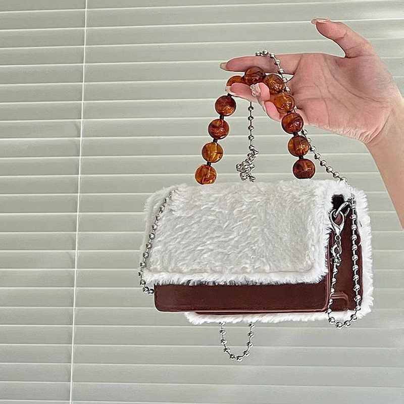 Xiuya Vintage Womens Shoulder Bag Tortoiseshell Beads Handbags 2021 Winter Cute Fur Messenger Bag For Phone Coin Purse Wallet