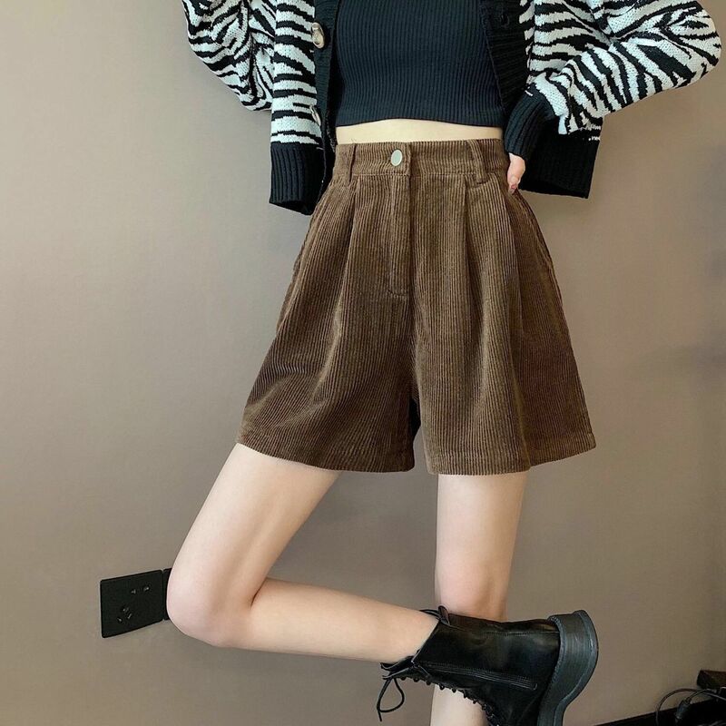 Calções de veludo retro feminino outono e inverno cintura alta vestindo uma palavra larga perna solta fina coreano casual shorts