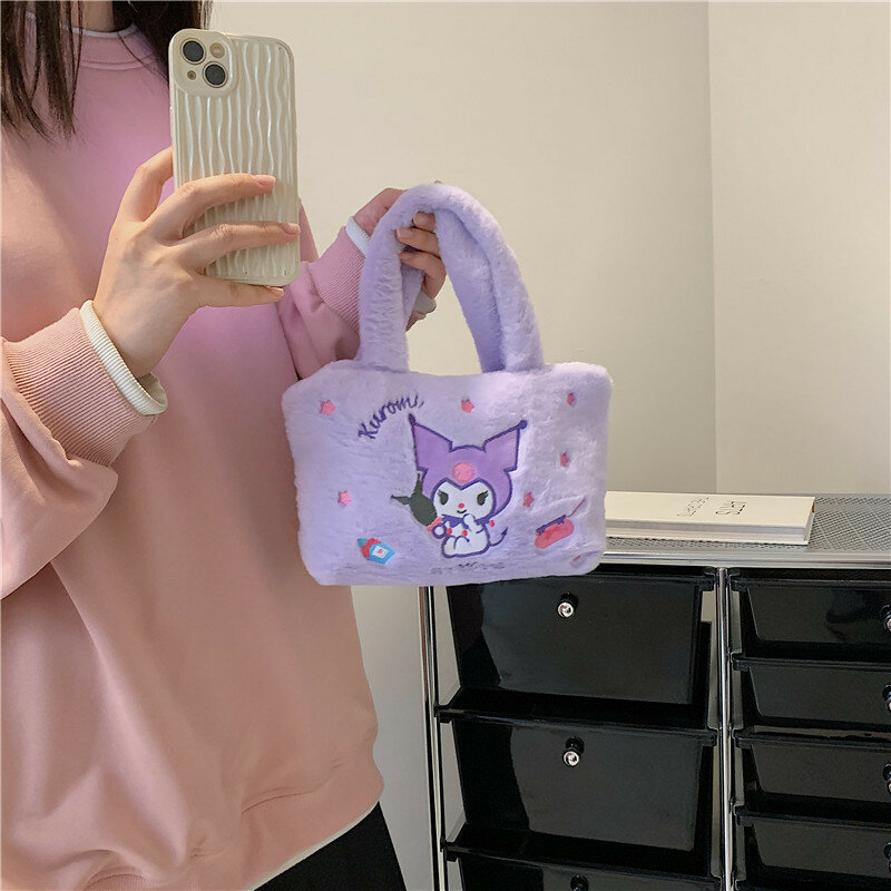 Kawaii Plush กระเป๋าถือ Hello Kitty Sanrio Kuromi กระเป๋าเป้สะพายหลัง Melody Cinnamoroll Pochacco การ์ตูนตุ๊กตาสำหรับสาวของขวัญ