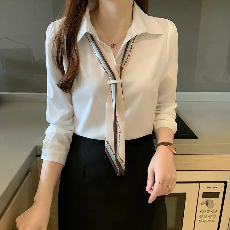 Branco chiffon blusa tops casual solto escritório senhora camisa com gravata moda roupas femininas lapela manga longa pullovers plus size