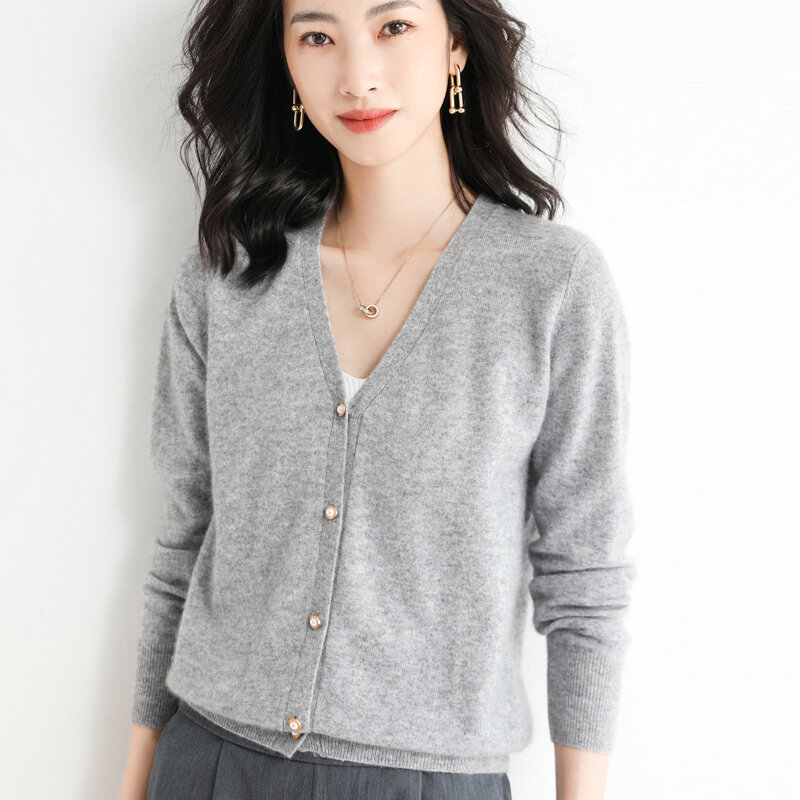 2022 Musim Semi Wanita Sweater Kerah V Wol Kardigan Rajutan Dasar Warna Solid Versi Korea Longgar Mantel Penawaran Khusus