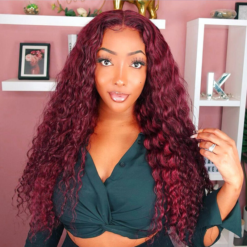13x4 Burgundy Deep Wave Brazilian 99j Human Hair Wigs for Women Transparent Lace Front Wigs Pre Plucked Perruque Cheveux Humain
