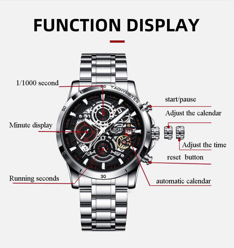 LIGE Casual Jam Tangan Sport สำหรับ Men Top Brand Full Steel นาฬิกาข้อมือทหารชายนาฬิกาแฟชั่น Chronograph นาฬิกาข้อมือ + กล่อง