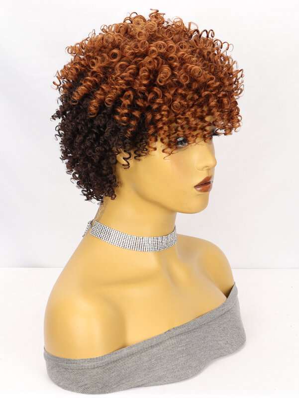 Brown Afro Curly Hair Wig Kinky Synthetic Hair Wigs For African Women 4inch Natural Fluffy Curls Chemical Fiber Hair Cap