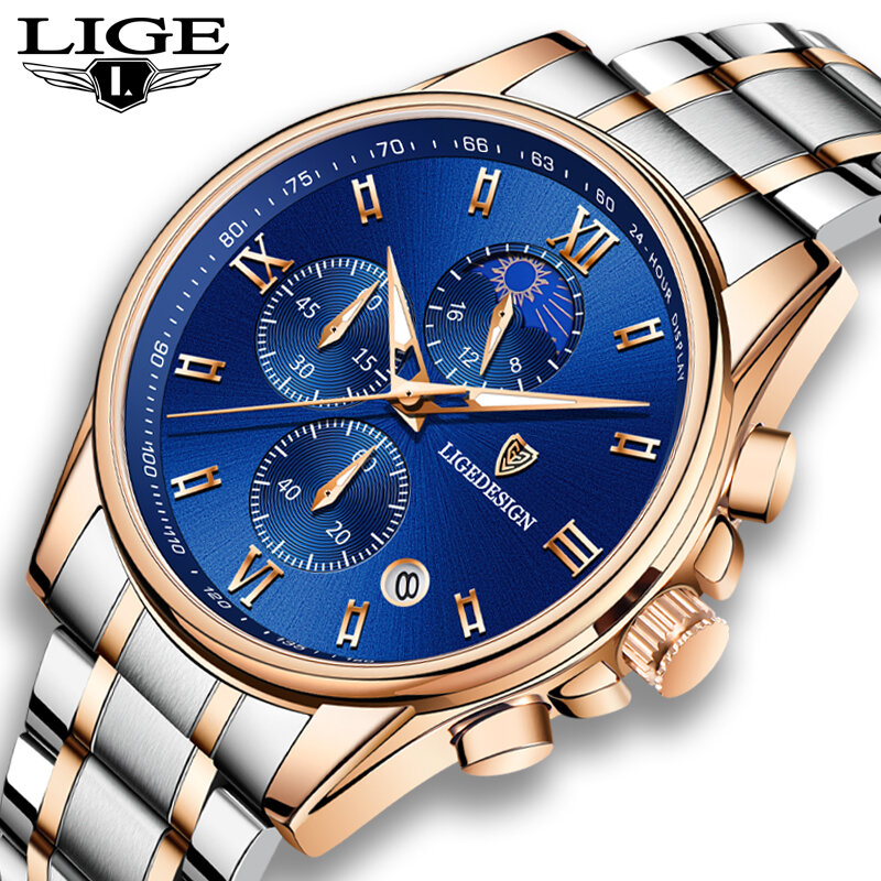 LIGE-남성용 시계, 빅 다이얼 럭셔리 비즈니스 클래식 쿼츠 시계, 크로노그래프 스포츠 방수 스틸 밴드 손목 시계