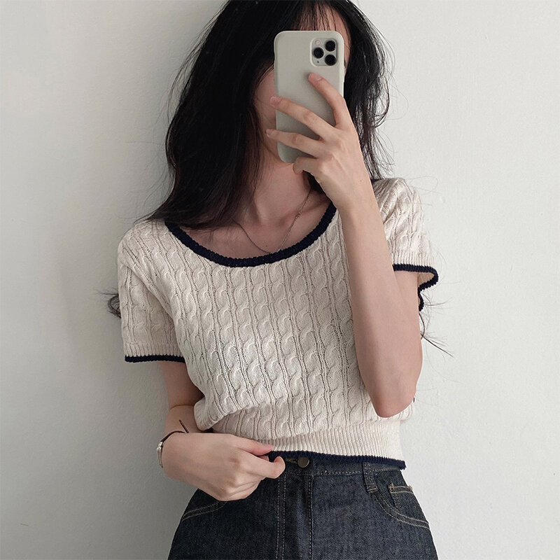 Feminino coreano simplicidade branco tricô camisola em torno do pescoço manga curta casual vintage moda baggy senhoras topos verão