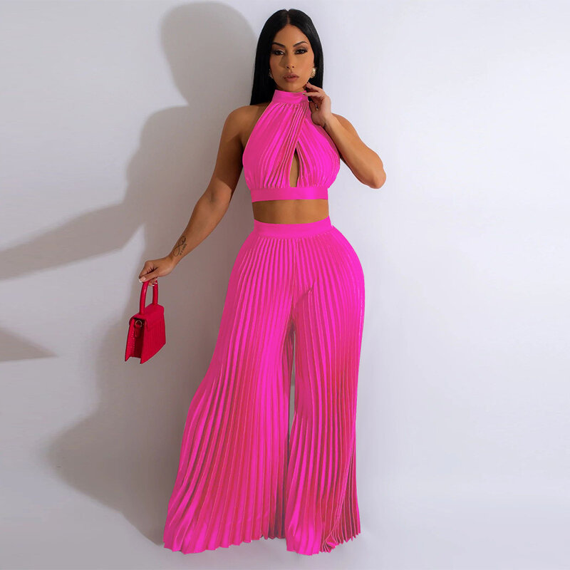 Spring Two Piece Set Women Outfits 2023 Sexy Halter Sleeveless Top High Waist Wide Leg Pants Pleated Sets Summer Ladies Clothes